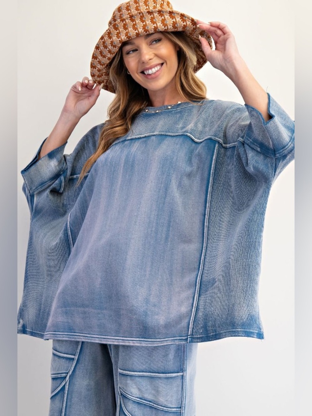 Easel BLUE SET monkey Washed Terry Knit Sweater Wide Leg S M L NWT cotton - Picture 4 of 4
